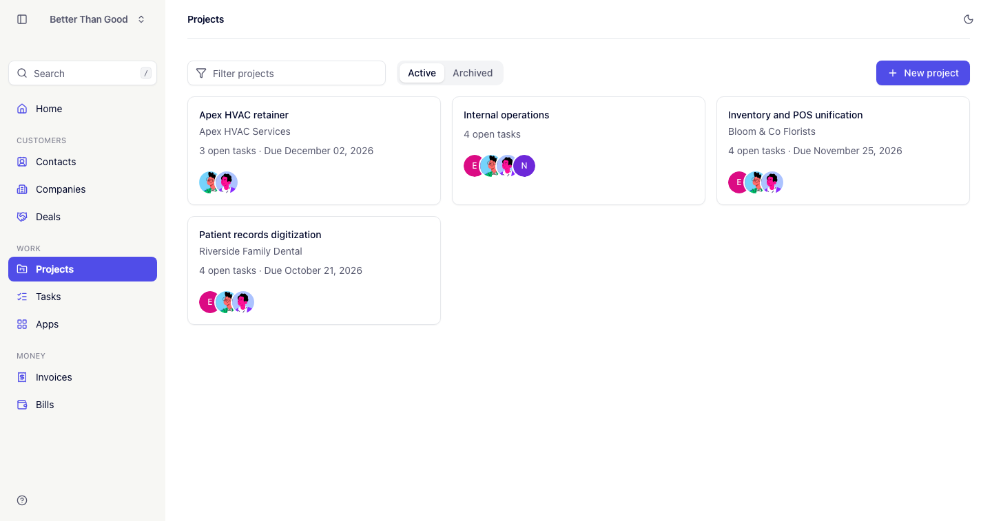 The Projects list