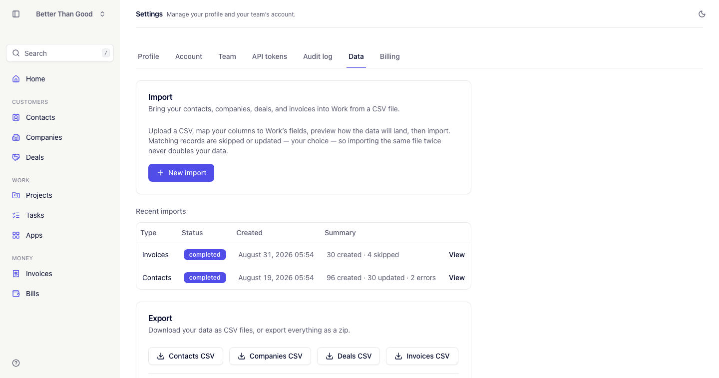Settings, Data