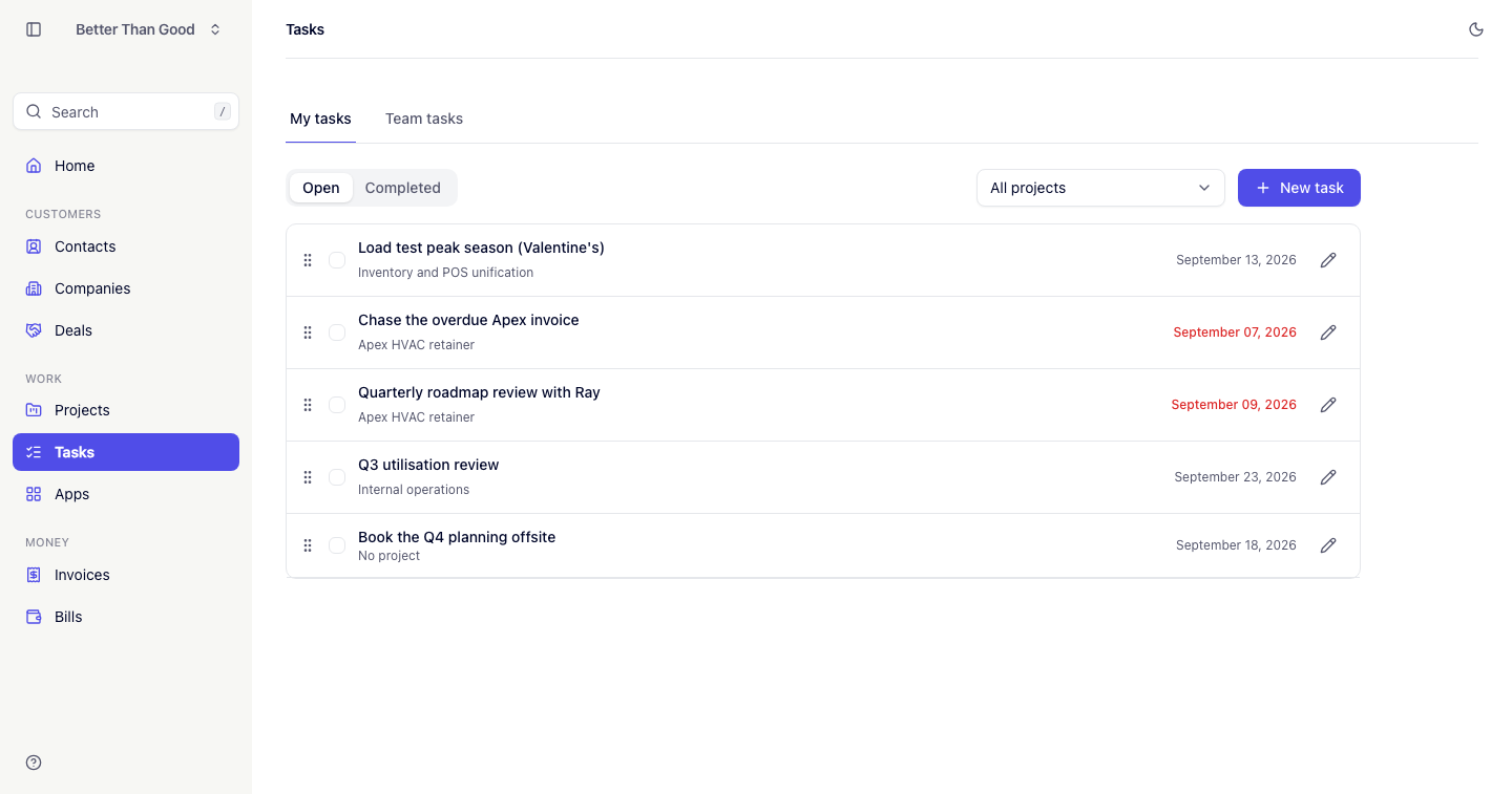 The Tasks screen